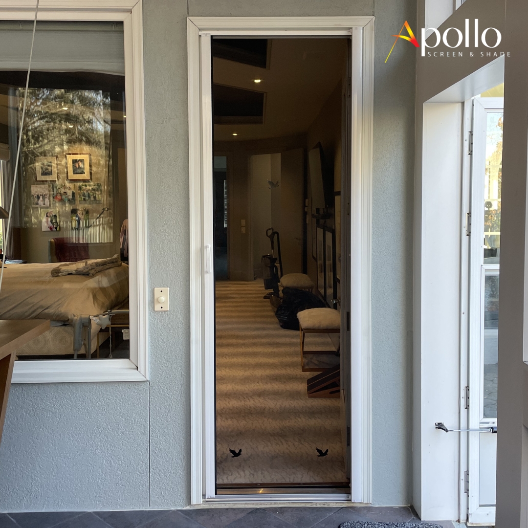 Apollo's Bright White Retractable Single Screen Door Outside View.
